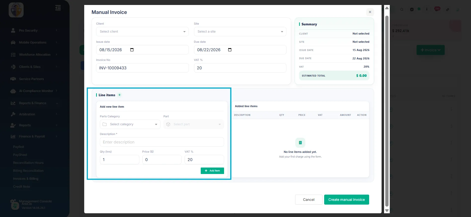 Under Line items, use the Add new line item section to enter the charge that should appear on the invoice.