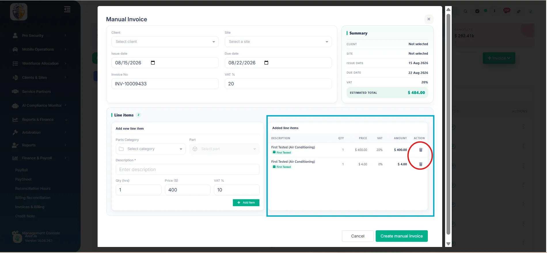 You can add more than one charge to the same manual invoice.