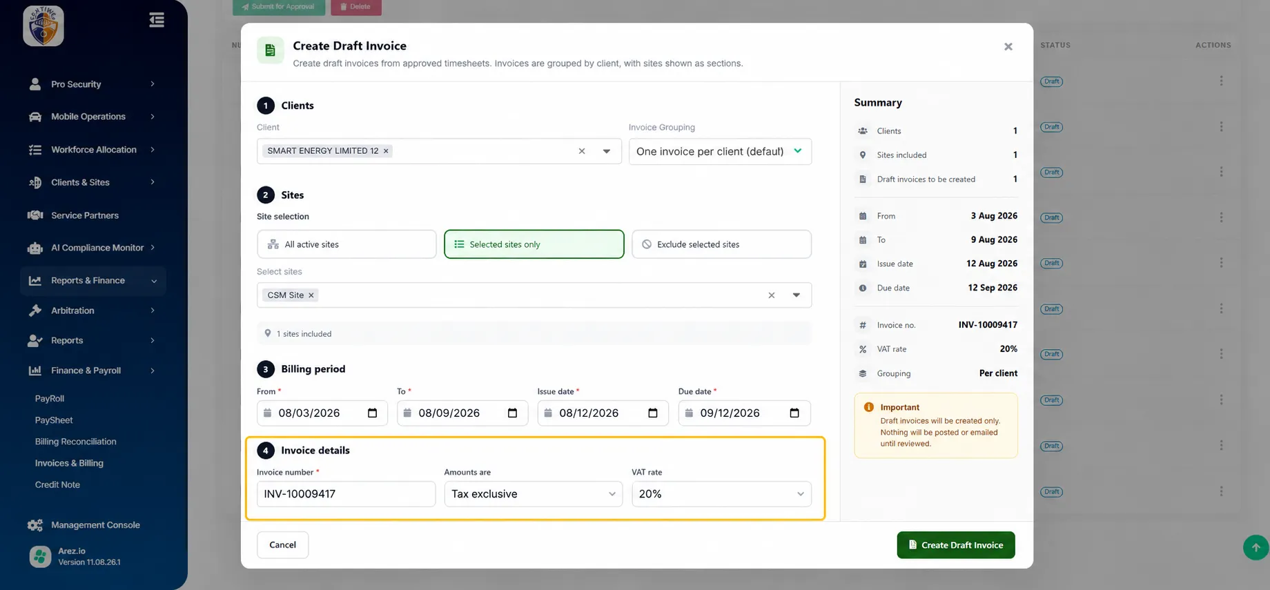 Check the summary displayed on the right before proceeding.