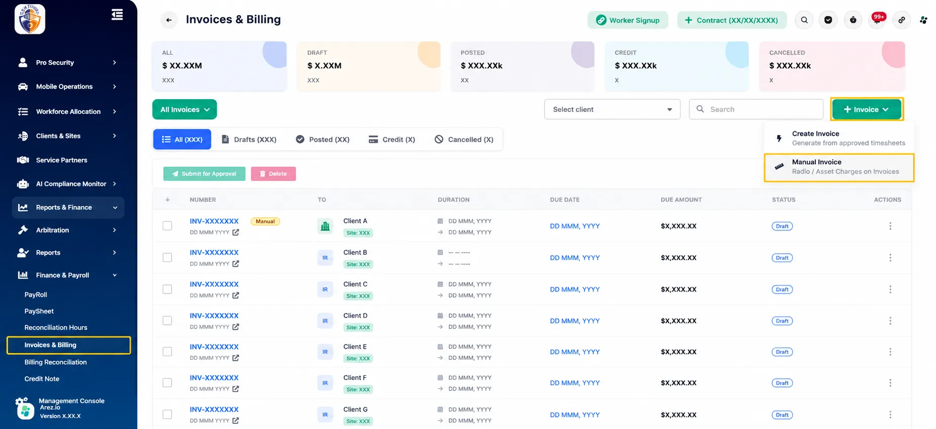 Click the + Invoice button in the top-right corner.