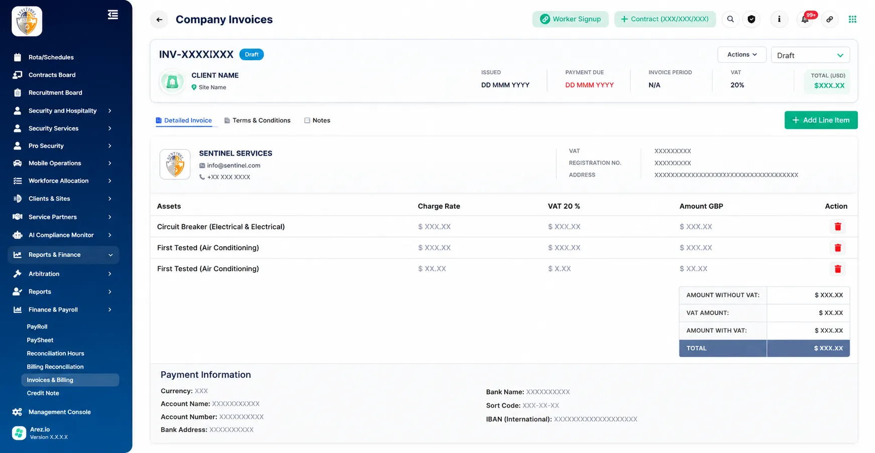The totals section shows the complete invoice calculation, including the amount before VAT, VAT amount, and total invoice value.