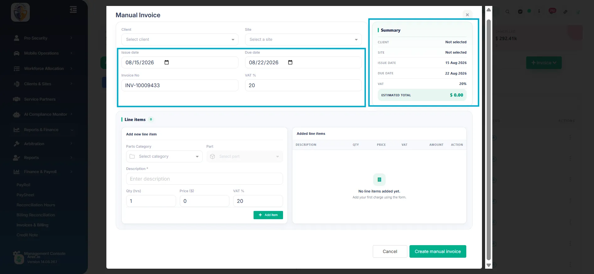 A Summary panel on the right displays the current invoice information, including: