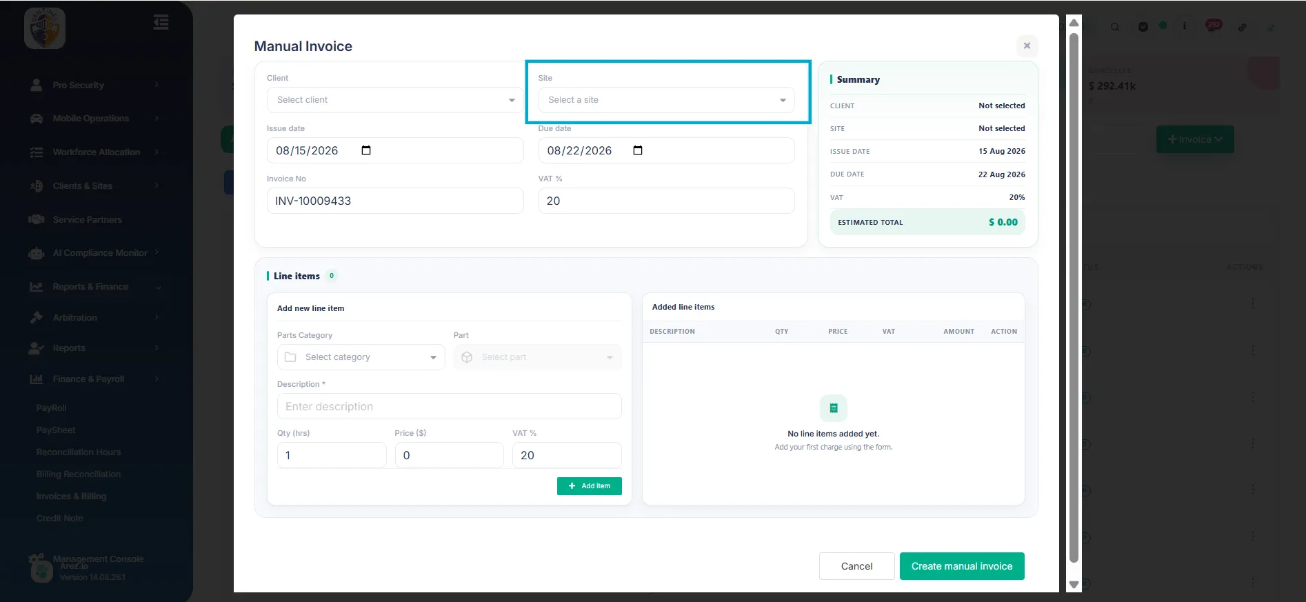 Use the Site dropdown to select the relevant client site.