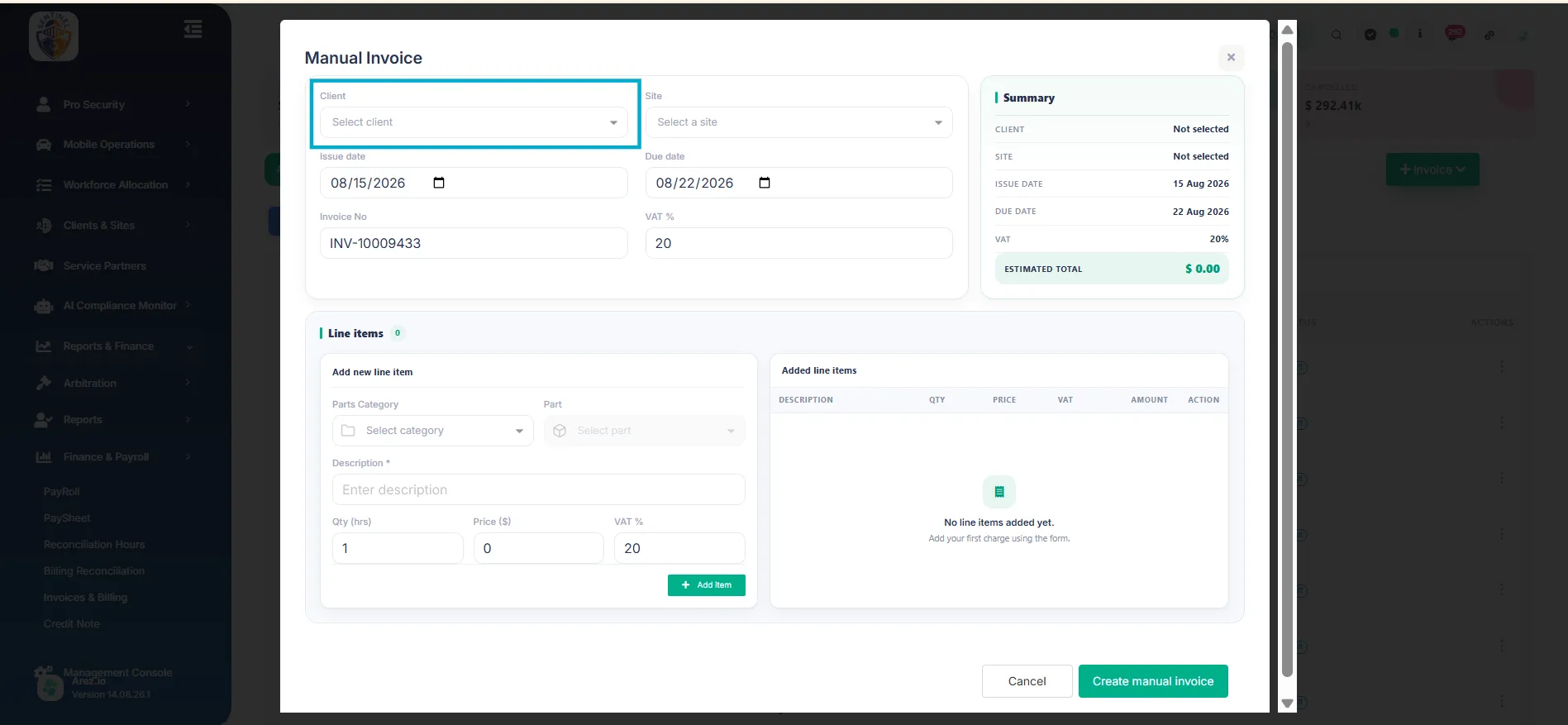 Use the Client dropdown to select the client for whom you want to raise the invoice.