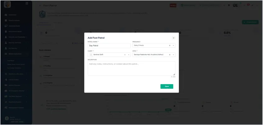 Title: Figure 4 - Description: Enter the patrol name, frequency, client, site and optional description, then save.