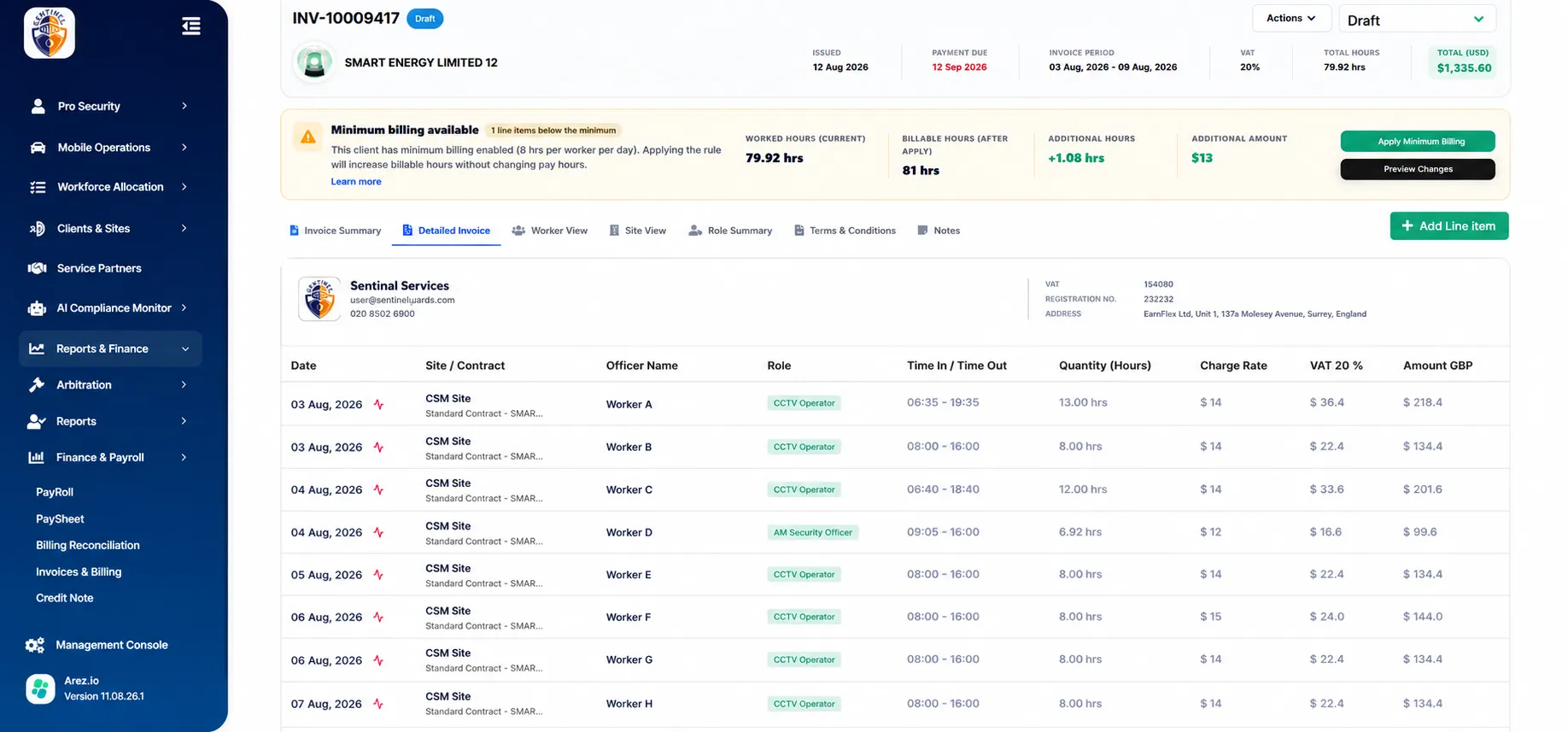 When Minimum Billing is enabled for that client, a Minimum billing available banner appears at the top of the invoice.