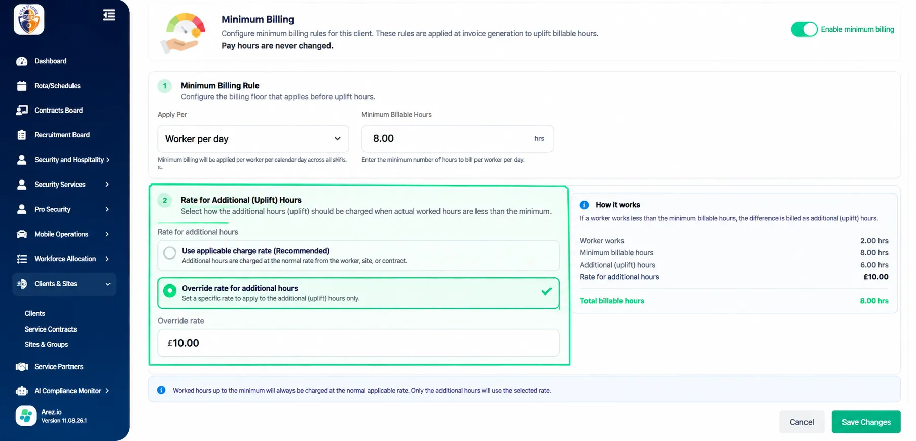 Select Override rate for additional hours if uplift hours should be charged at a specific rate.