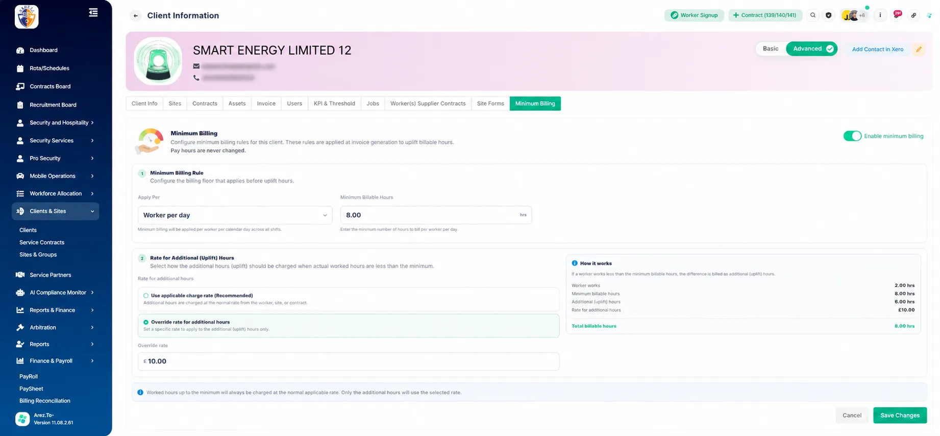 This page contains the billing rule and uplift-rate configuration for the selected client.