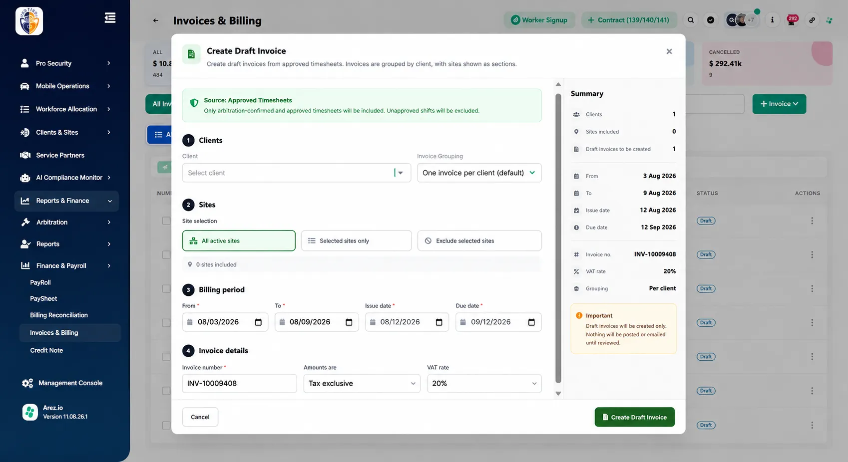 Click the + Invoice button in the top-right corner and begin creating a draft invoice.