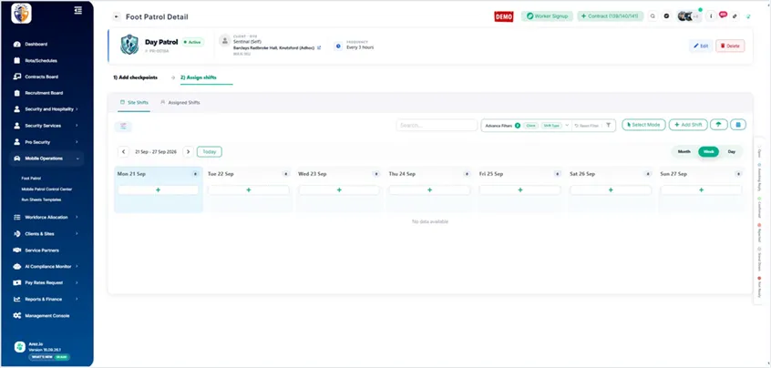 Title: Figure 9 - Description: Use Assign shifts to view the site rota and link workers to the patrol.