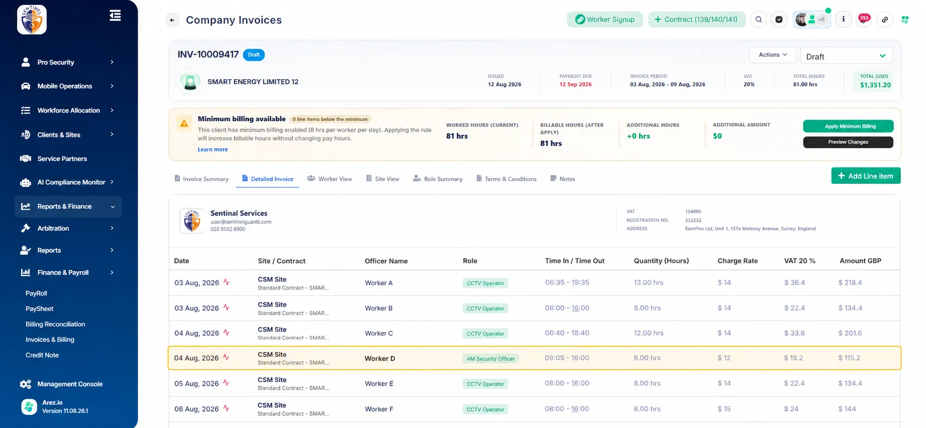 Arez updates the invoice using the configured Minimum Billing rule.