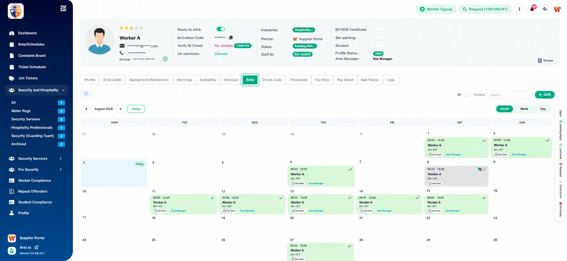 The worker's monthly rota will be displayed